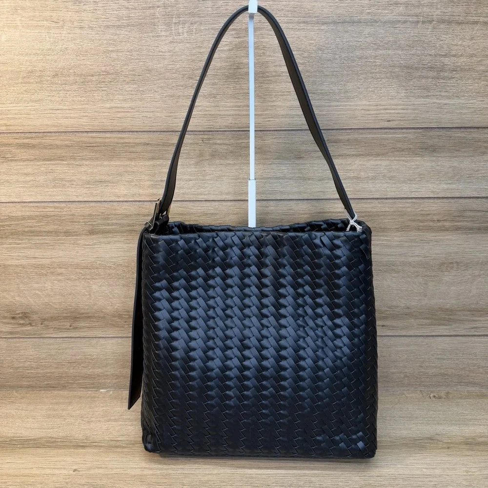 A New Day Women's Black Woven Tote Shoulder Bag Large Braided Handbag NWT